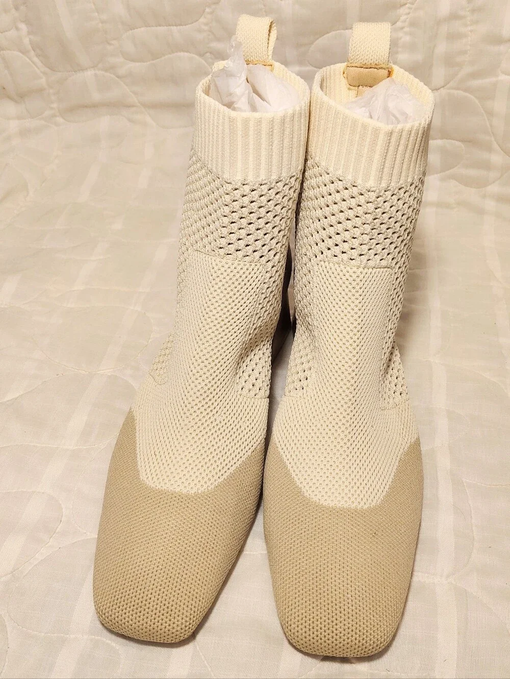 VIVAIA Melissa Square Toe Perforated Knit Sock Ankle Boots Cream Size 38 / 7.5